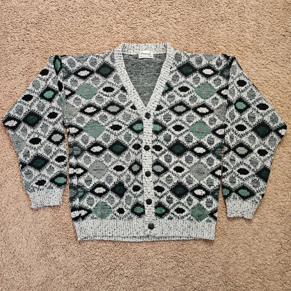 Vintage Protege Cardigan Sweater Mens Large 90s Geometric USA Acrylic Grandpa